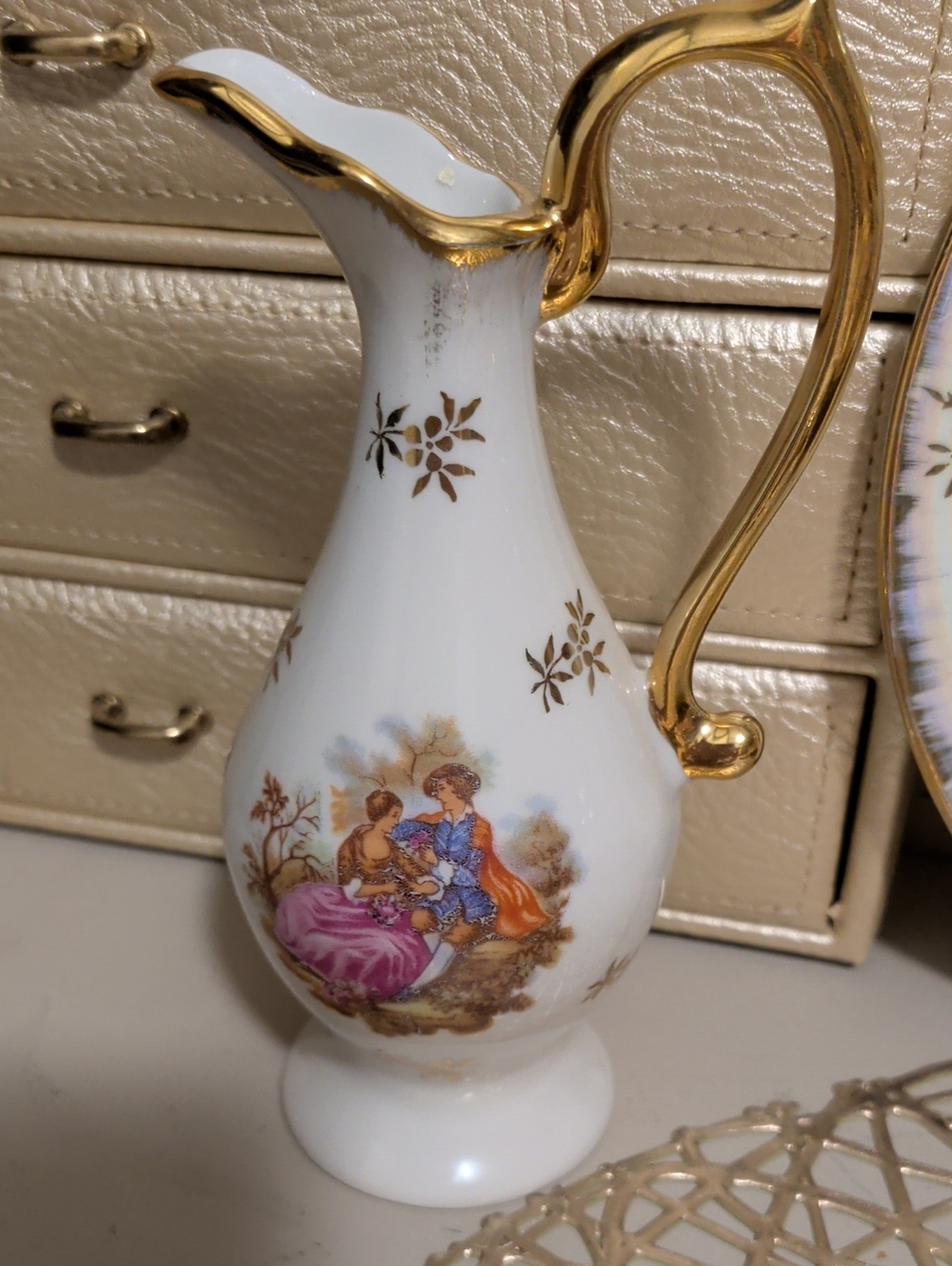 Limoges Vintage 22K Gold Gilt White Porcelain Pitcher Courting Couple Collectibl